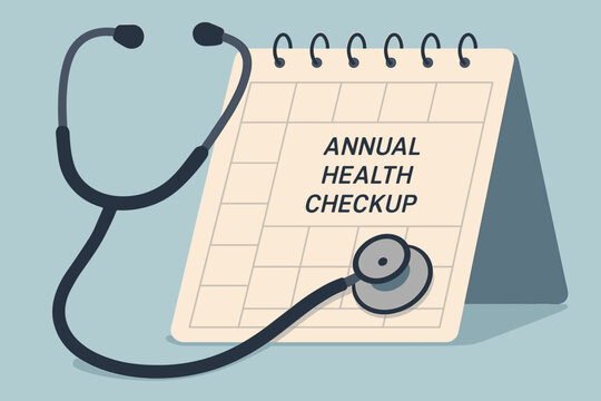 Annual health checkup reminder with stethoscope on calendar. Medical appointment schedule for yearly physical examination and preventive healthcare. Doctor visit, diagnostics, wellness concept.