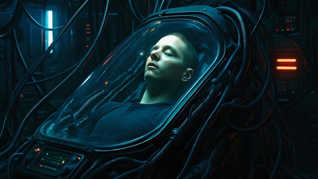 Spaceship crew member resting in a cryosleep capsule during a long space journey to another planet or star system, surrounded by advanced technology and wires