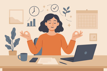 Mindful employee meditating at office desk for stress relief, focus, and productivity. Work-life balance, mental well-being, calm at work concept. Businesswoman practicing yoga. Vector.