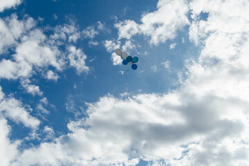 Bunch of balloons are floating in the sky. The balloons are blue and white