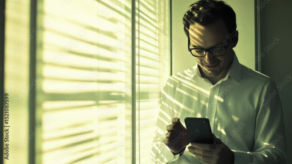 Poster a person looking at their mobile device near a window with natural light