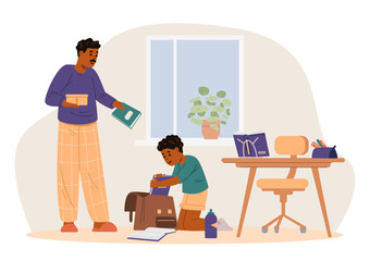 African American father and son preparing for school together at home, boy packing his school bag, dad brings lunch box and textbook flat vector illustration.