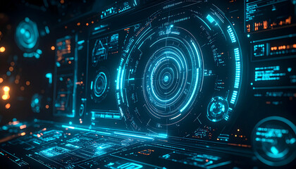 Obraz premium Futuristic HUD interface background, glowing holographic circles, digital radar screens, data panels, neon cyan, electric blue background, high-tech UI blur, cyber interface design, abstract sci-fi.