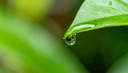 Detailed macro shot capturing a perfect water droplet hanging from the edge of a vibrant green leaf. Symbolizes freshness, renewal,  the beauty of nature.