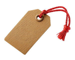 Blank brown tag with textured surface and red string attached, perfect for labeling items or gifts. This versatile tag can be used in various settings, adding rustic touch to any presentation