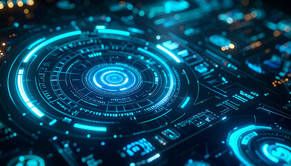 Futuristic HUD interface background, glowing holographic circles, digital radar screens, data panels, neon cyan, electric blue background, high-tech UI blur, cyber interface design, abstract sci-fi.