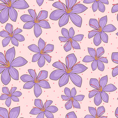 Cute hand drawn saffron flowers seamless vector pattern illustration on pink background	
