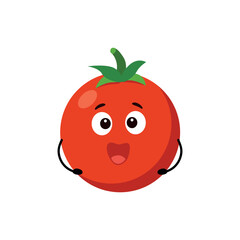 Tomato character with happy face and leaf, flat cartoon style fruit sticker, isolated on white backgroun