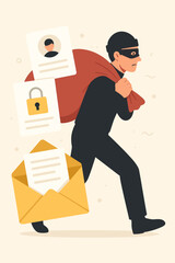 Data breach concept. Hacker stealing confidential information, personal data. Cybercrime. Identity theft. Phishing. Cybersecurity. Thief with data sack. Email. Password. Security risk. Privacy.