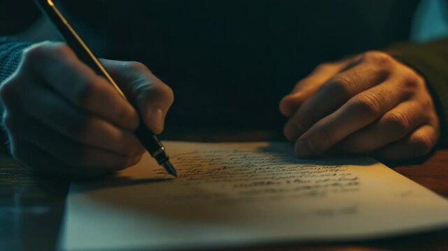 A person writing on a piece of paper with a pen, great for use in educational or creative contexts