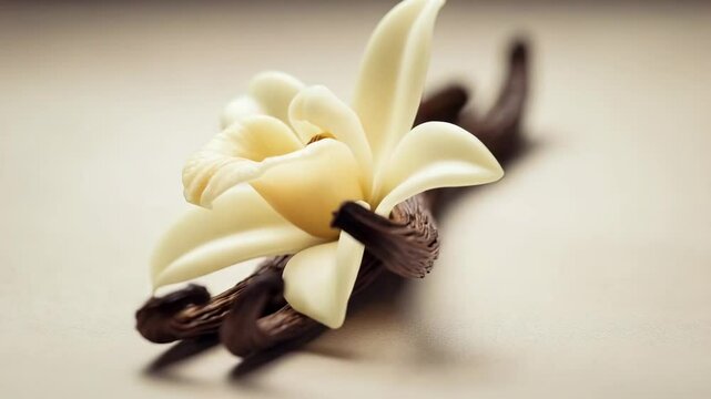 Close up of vanilla flower with vanilla bean pods, food ingredient concept.