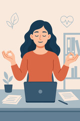 Serene woman meditating at office desk, finding peace and balance at work. Mindfulness and wellness concept for stress reduction and mental health in a busy corporate environment
