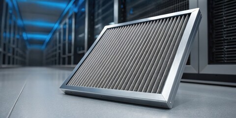 Furnace Filter concept. Air filter in a modern data center with blue lighting.