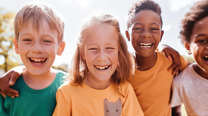 Happy Children Smiling Together Outdoors in Bright Sunny Day with Joyful Expressions and Friendship Bonding in Playful Atmosphere