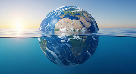 Fototapeta premium Creative image of planet Earth submerged halfway in water, symbolizing climate change, global warming, water crisis, and environmental sustainability for eco-awareness and conservation campaigns.