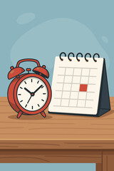 Time Management Illustration. Alarm clock and calendar on wooden table. Organization and planning. Deadline and schedule. Reminder appointment. Business concept.