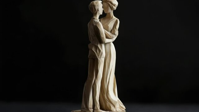 A romantic moment between two people shown by a sculpture of a couple kissing