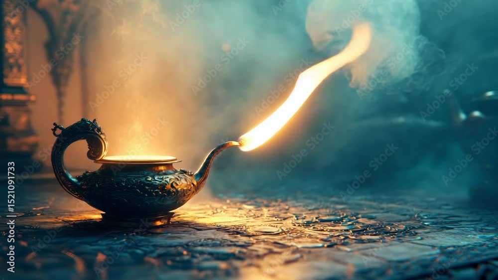 Poster a teapot with steam rising from the spout, ready for use
