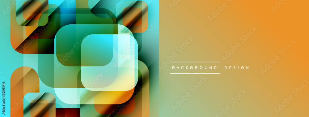 Poster abstract geometric shapes, vibrant colors, modern design. orange gradient dominates right side, laye