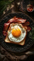 Crispy bacon and fried egg on toasted bread.