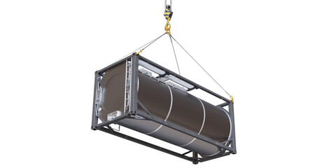 Bottom view of black pressure tank container suspended by hooks. Isolated on transparent...