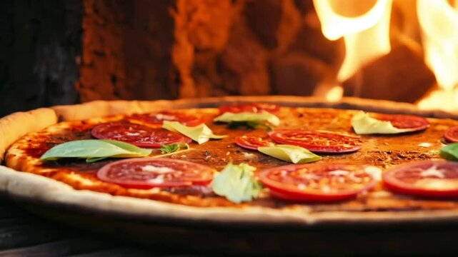 Traditional Italian salami pizza baking in wood fired brick oven