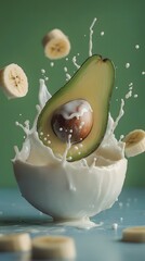 Fresh avocado and banana slices in a bowl of milk.