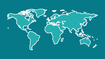 Obraz premium Teal world map illustration white outline on teal background geography design