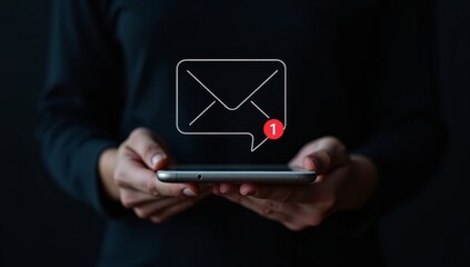 Businessman's hand holding a digital email icon, symbolizing modern communication and contact