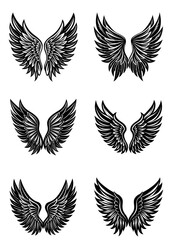 Clean Vector Wings Icon Pack in Black Silhouette. Angel and Bird Wing Shapes for Logo Design and Tattoo Elements. White Background for Elegant Graphic Presentation and Design Use

