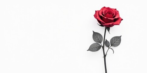 Fototapeta premium Single rose, black and white line art Simple stem, leaves , line drawing, classic