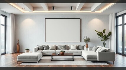 Spacious modern living room featuring a mockup wall art display, relaxing, lifestyle, contemporary