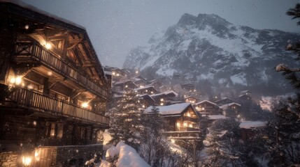 Fototapeta premium artistic professional photo of snow falling on an alpine village with warm lights, perfect lighting, realistic and cinematic style