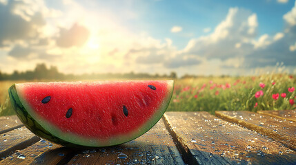 Portrait of a watermelon slice resting on a wooden picnic table