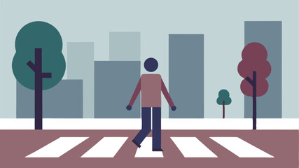 Stylized illustration of a pedestrian crossing a crosswalk in a cityscape environment