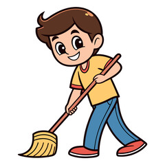 Boy Sweeping Floor With Broom Cartoon Illustration