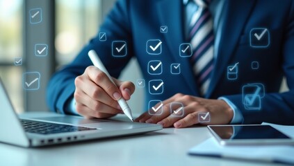 Digital business performance monitoring survey filling with tablet and laptop, Businessman enhancing business performance with comprehensive online survey checklist, Technology in education learning.