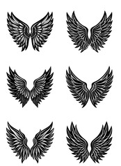 Stylish Set of Feathered Wings Icons in Black. Silhouette Vector Design Featuring Bird and Angel Wings on White Background. Perfect for Tattoos, Logos, and Creative Branding Concepts

