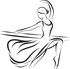 Elegant ballet dancer practicing at the barre black and white line art