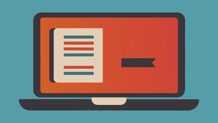 Retro laptop screen with document and ribbon in simple flat vector style