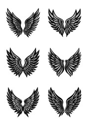 Minimal Black Silhouette Wings Icon Set. Bird and Angel Feather Designs on White Background. Vector Collection for Graphic Art, Logo Design, and Fantasy Tattoo Illustrations

