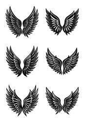 Feather Wing Silhouette Icon Set in Vector Format. Elegant Black Bird and Angel Wings on White Background. Ideal for Logos, Emblems, Tattoo Art, and Branding Graphics

