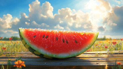 Portrait of a watermelon slice resting on a wooden picnic table