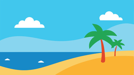 Cartoon tropical beach scene with palm trees sea and cloudy blue sky