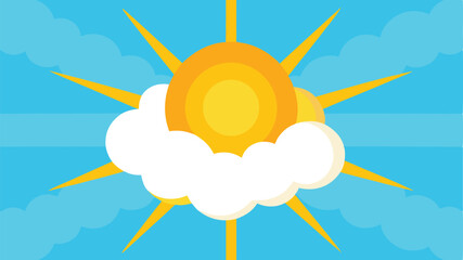 Cheerful sun shining through clouds in a blue sky flat vector illustration