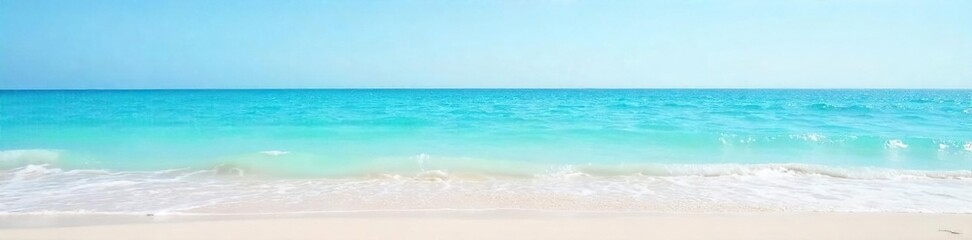 Obraz premium Serene, light blue water gently laps a sandy shore under a clear sky Perfect for travel, vacation, or summer themes Tranquil ocean scene evokes peace and calm , shore, ocean, marine