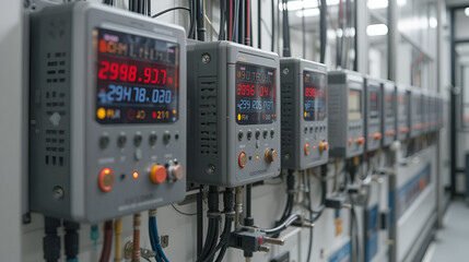 A closeup of variable frequency drive controllers mounted on a wall linking to various machines while displaying LED indicators that reflect energy usage minimization strategies.