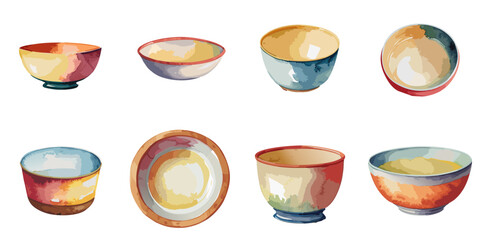 Multiple vector illustrations white bowl, watercolor style

