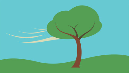 Flat vector illustration of tree bent by wind on green hill and blue sky