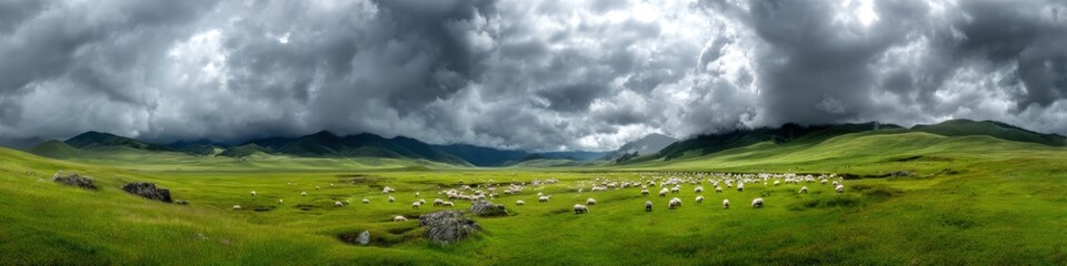meadow with grazing sheep under a stormy sky, panoramic view, perfect lighting, realistic and cinematic style